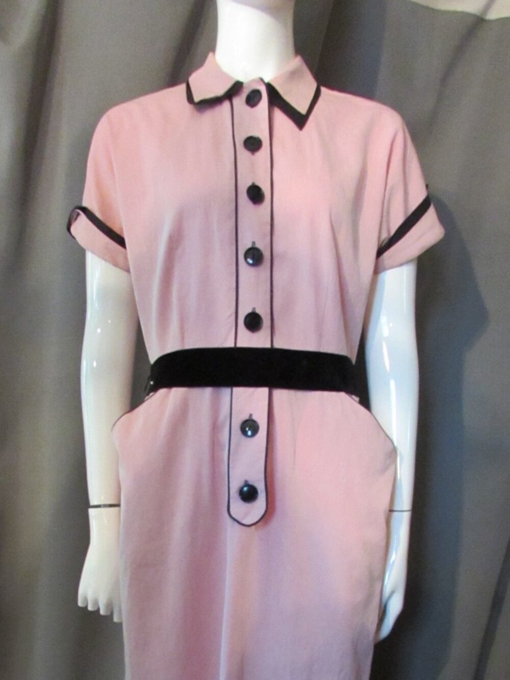 1950 Era Sheath Pink Faille Black Trim Vicky Vaughn